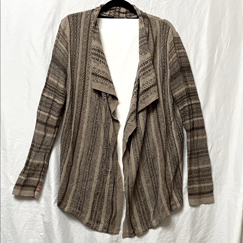 J. Jill ❤️ Cozy Brown & Tan Striped Draped No-Button Cardigan, Sz. L, Flaw